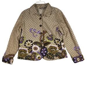 Life Style Jacket Blazer Womens Large Denim Floral Art to Wear Boho Cotton